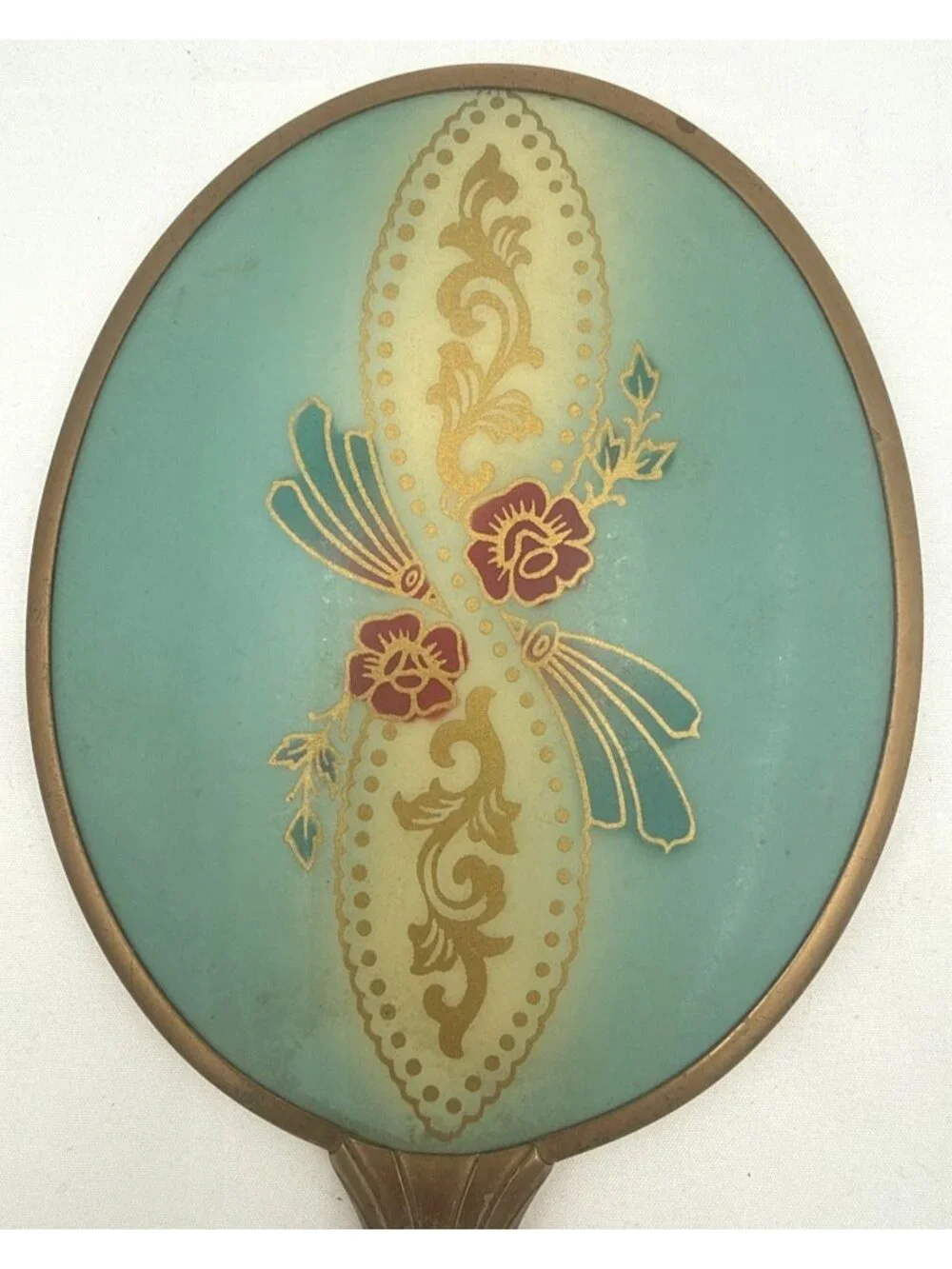 Vintage Handheld Vanity Mirror With Gold Floral Design & Green Enamel Back